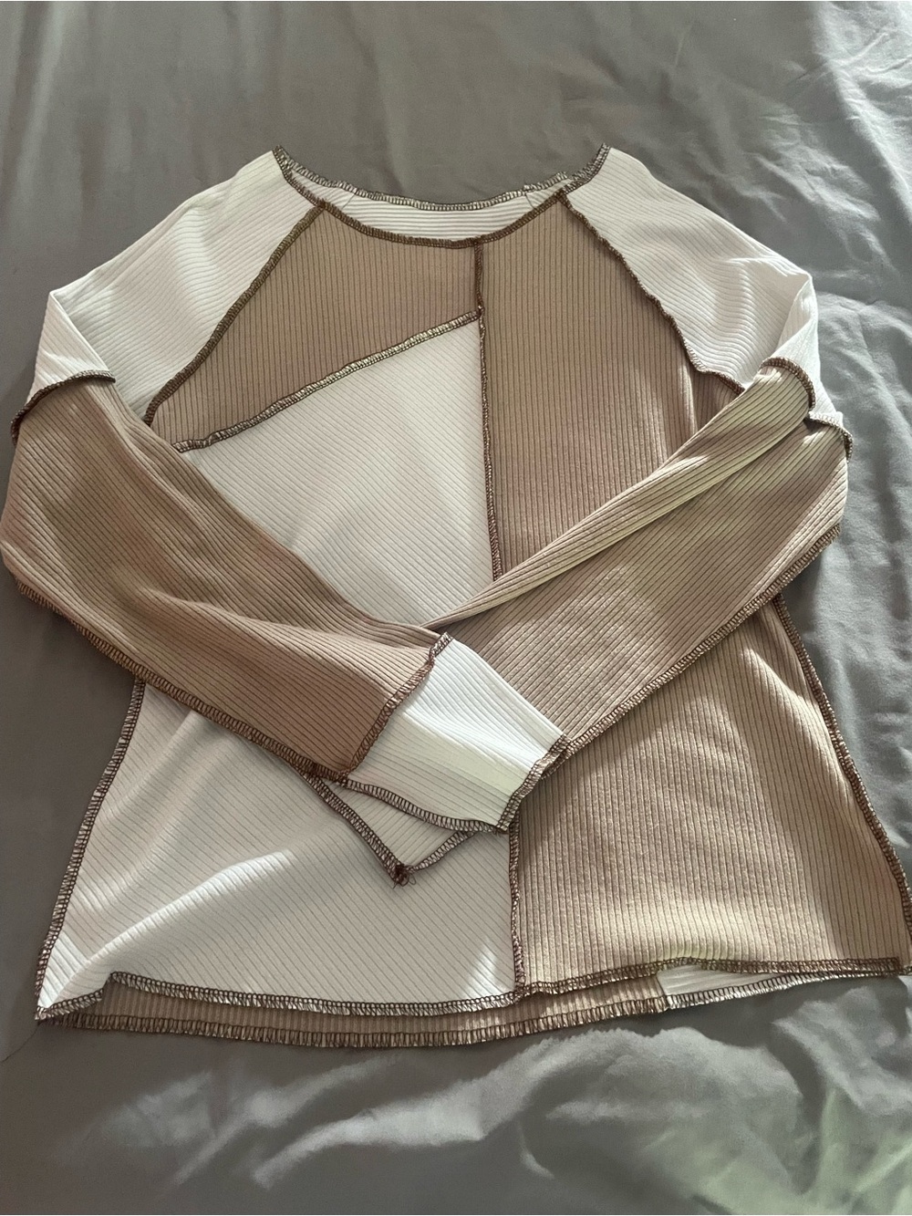 Colorblock Ribbed Long-Sleeve Top - Beige and Cream